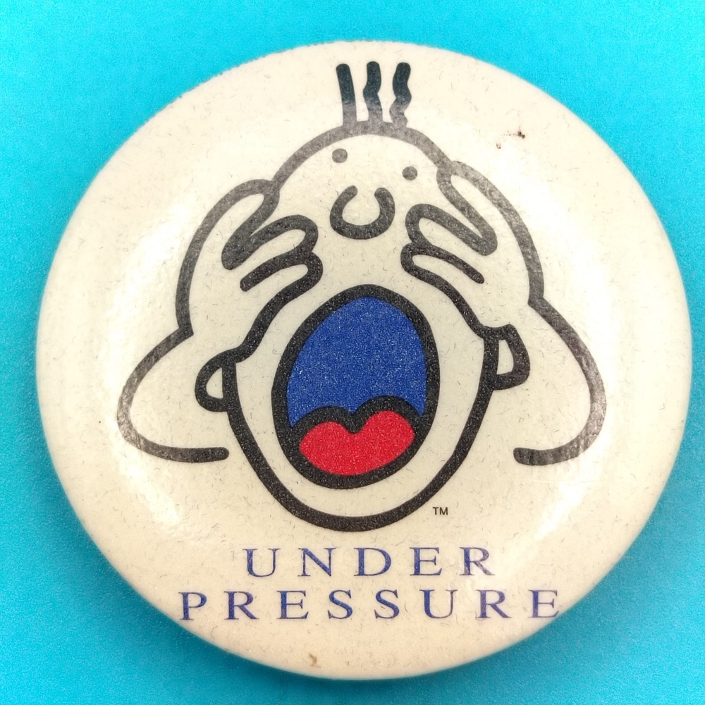 Jim Benton 90s Under Pressure Pinback Button White Black Red Vintage Art